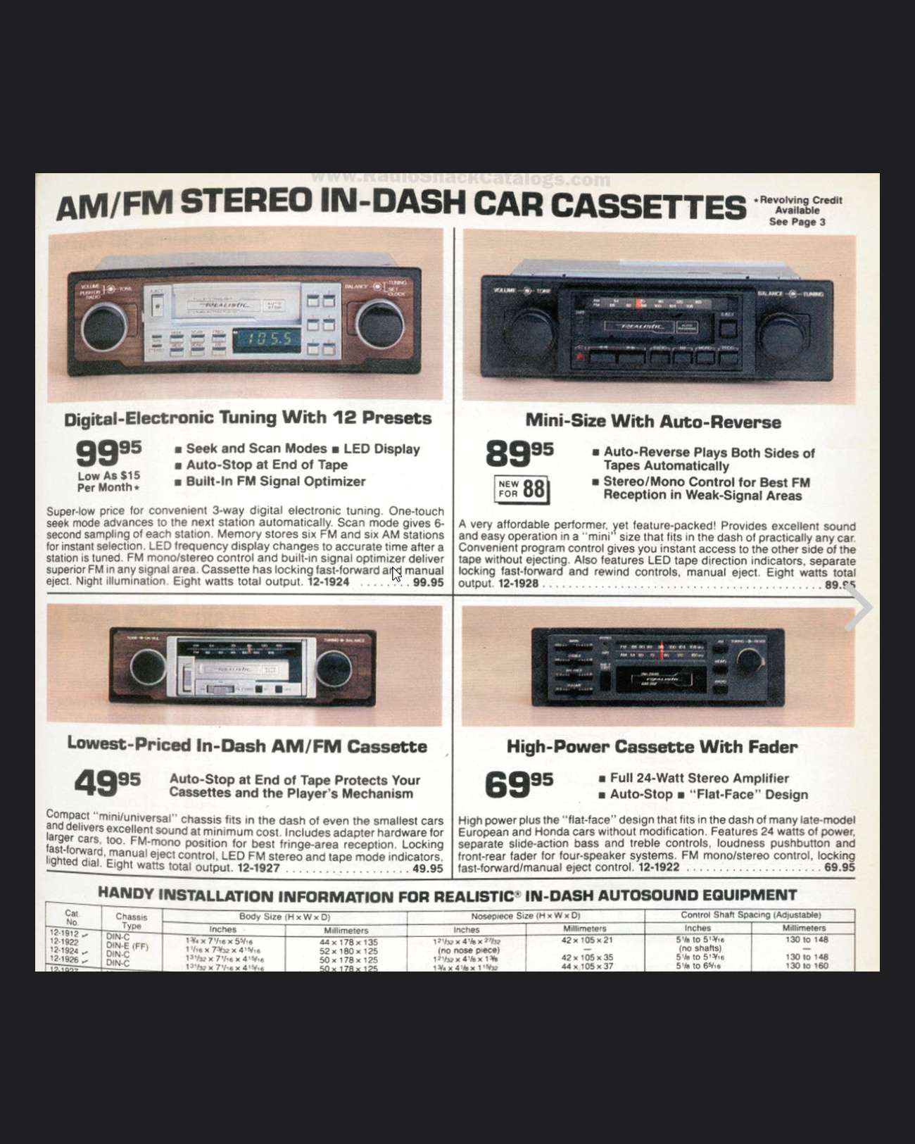 Realistic 12-1928A Auto Reverse Car Stereo Radio Cassette Player - 1988 NEW!
