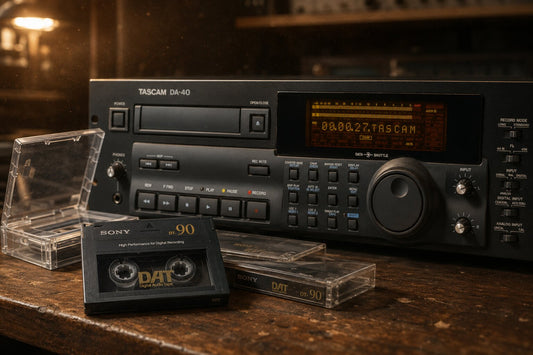 NOS blank Sony DAT tapes with Tascam DA 40 on a wooden studio shelf
