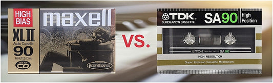 Two high-bias blank cassette tapes Maxell XLII & TDK SA displayed side by side, Type II format
