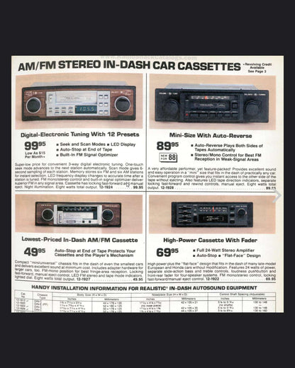 Realistic 12-1928A Auto Reverse Car Stereo Radio Cassette Player - 1988 NEW!
