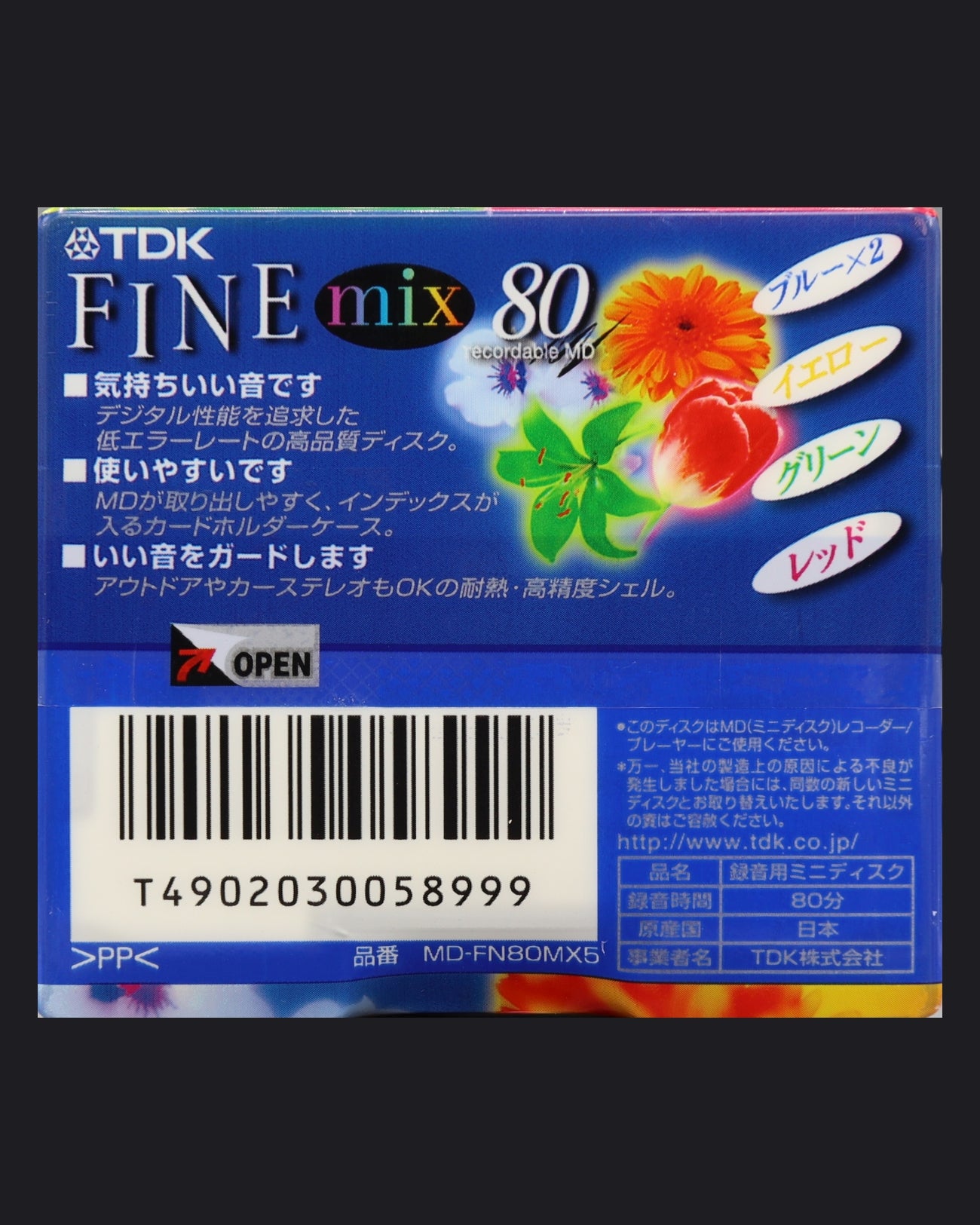 TDK FINE MD-FN MX 80‑minute MiniDisc 5-pack set front view
