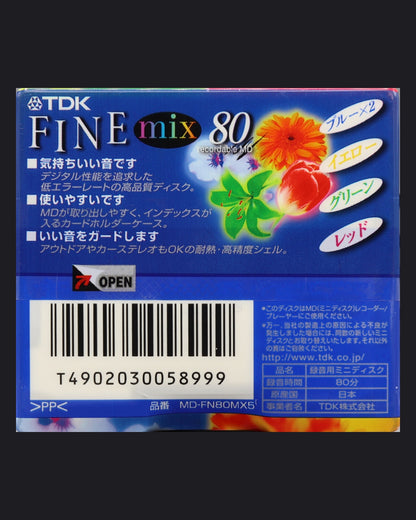 TDK FINE MD-FN MX 80‑minute MiniDisc 5-pack set front view
