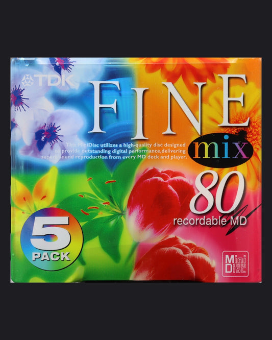 TDK FINE MD-FN MX 80‑minute MiniDisc 5-pack set front view
